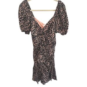 re:named Leopard Print Mini Dress Ruched Puff Sleeve‎ Pink Black Sexy Party L